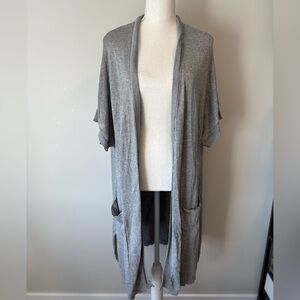 Ichi Grey Open Front Short Sleeve Cardigan Longline Pockets XS/S